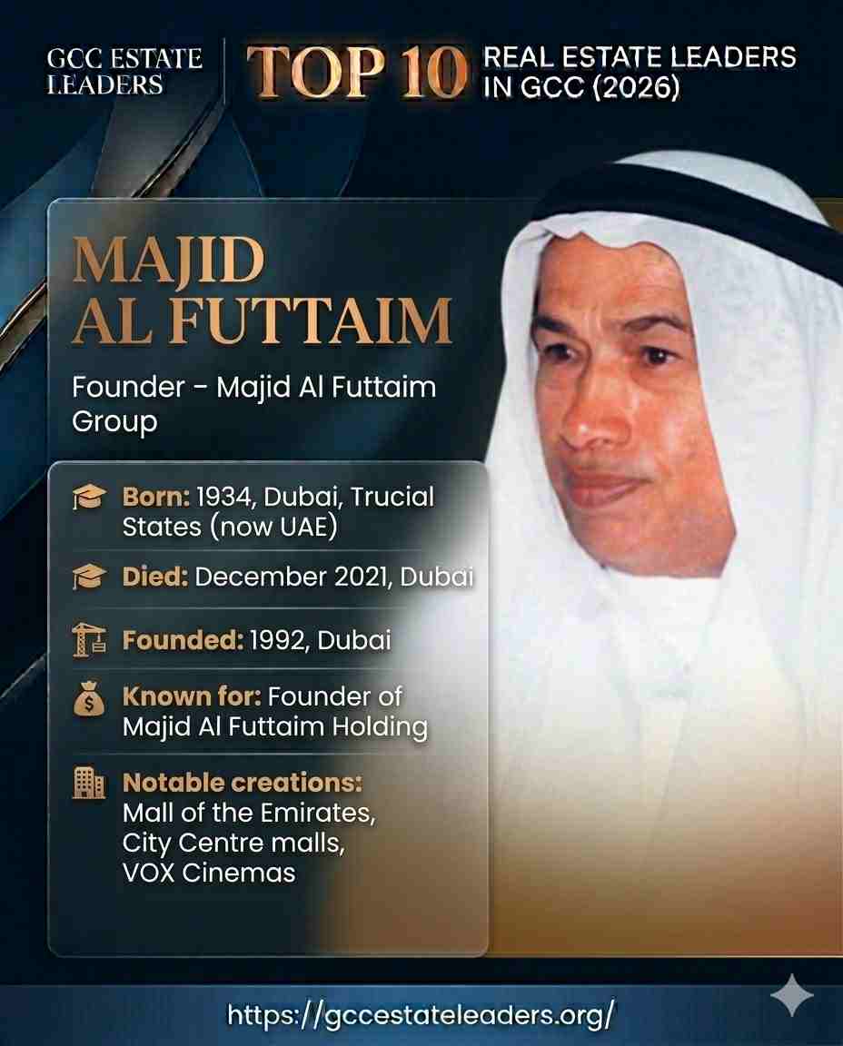 Majid Al Futtaim (1934–2021) was an Emirati business leader and visionary entrepreneur who transformed retail and leisure in the Middle East. He founded the Majid Al Futtaim Group, a conglomerate credited with pioneering modern shopping malls, mixed-use communities, and entertainment destinations across the region.
