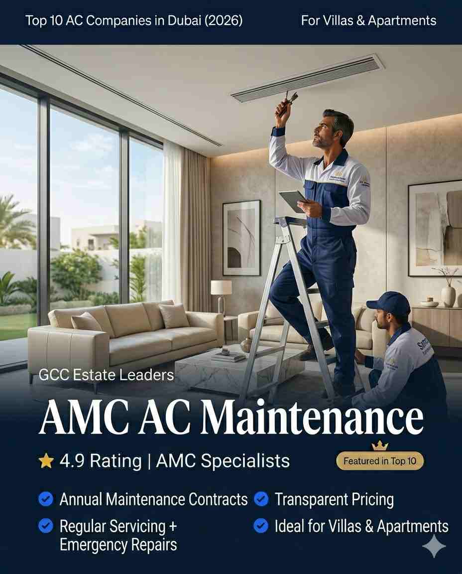 Top 10 AC Companies in Dubai for Villas & Apartments - 2026 Edition 4 Annual AC maintenance contract service Dubai AMC AC Maintenance technician checking air conditioner system