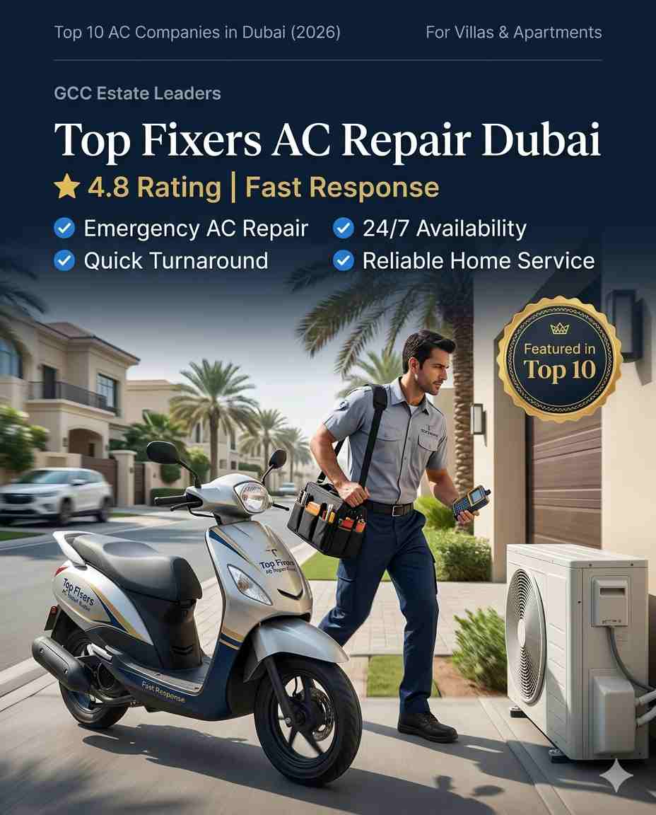 Top 10 AC Companies in Dubai for Villas & Apartments - 2026 Edition 6 Emergency AC repair Dubai Top Fixers technician fixing broken air conditioner at night service call