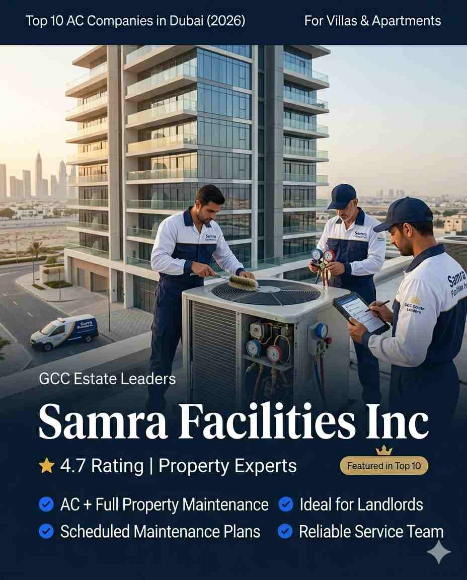 Top 10 AC Companies in Dubai for Villas & Apartments - 2026 Edition 9 Facilities management AC service Dubai Samra technicians maintaining building air conditioning systems