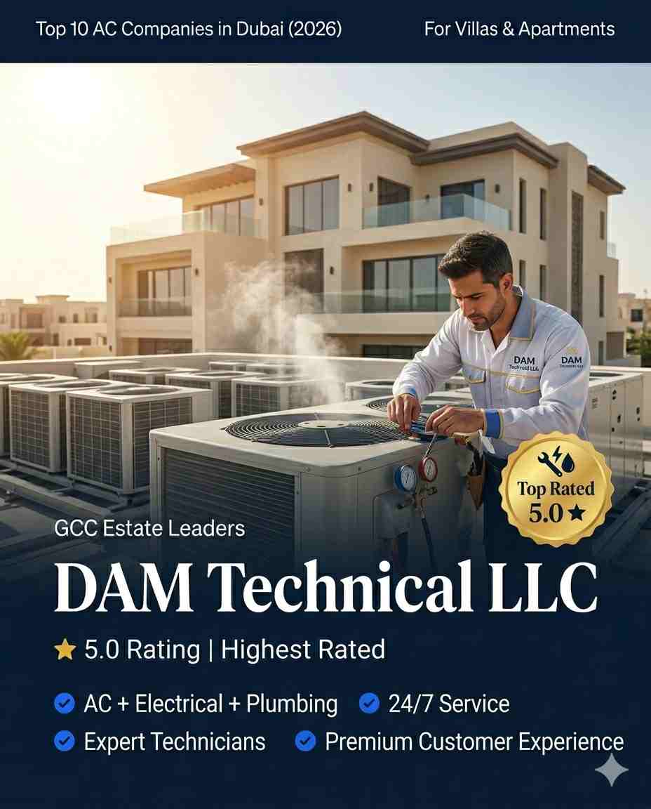 Top 10 AC Companies in Dubai for Villas & Apartments - 2026 Edition 11 Top rated AC company Dubai DAM Technical LLC technician repairing air conditioner Business Bay